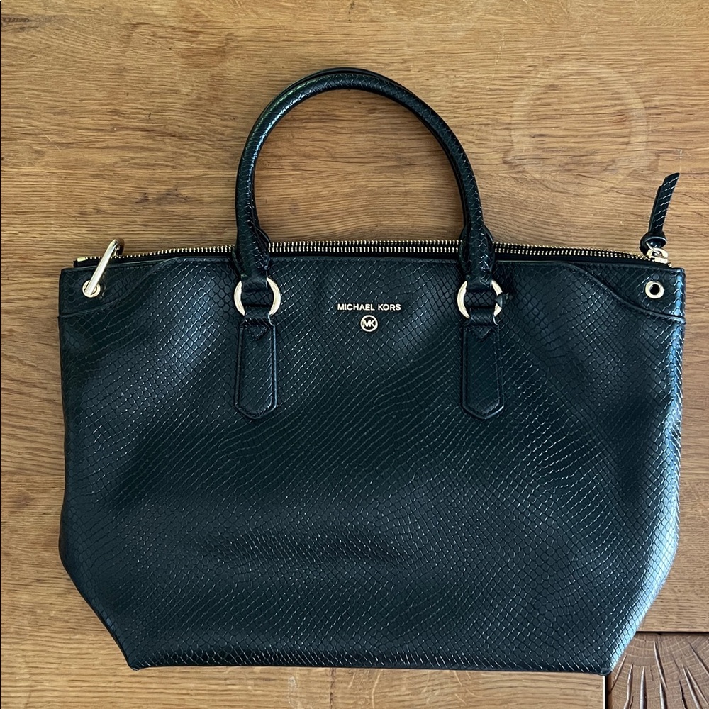 Michael Kors Black Textured Satchel with Gold Hardware